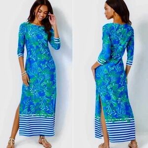LILLY PULITZER SERALINA MAXI DRESS A BIT SALTY Briny BLUE M Chillylilly UPF 50+